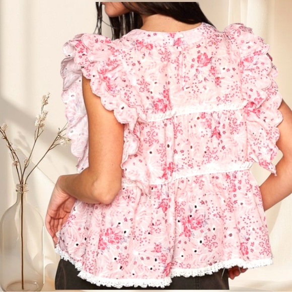 POL Floral Lace Exaggerated Ruffle Sleeve Top Pink & White - Picture 4 of 7